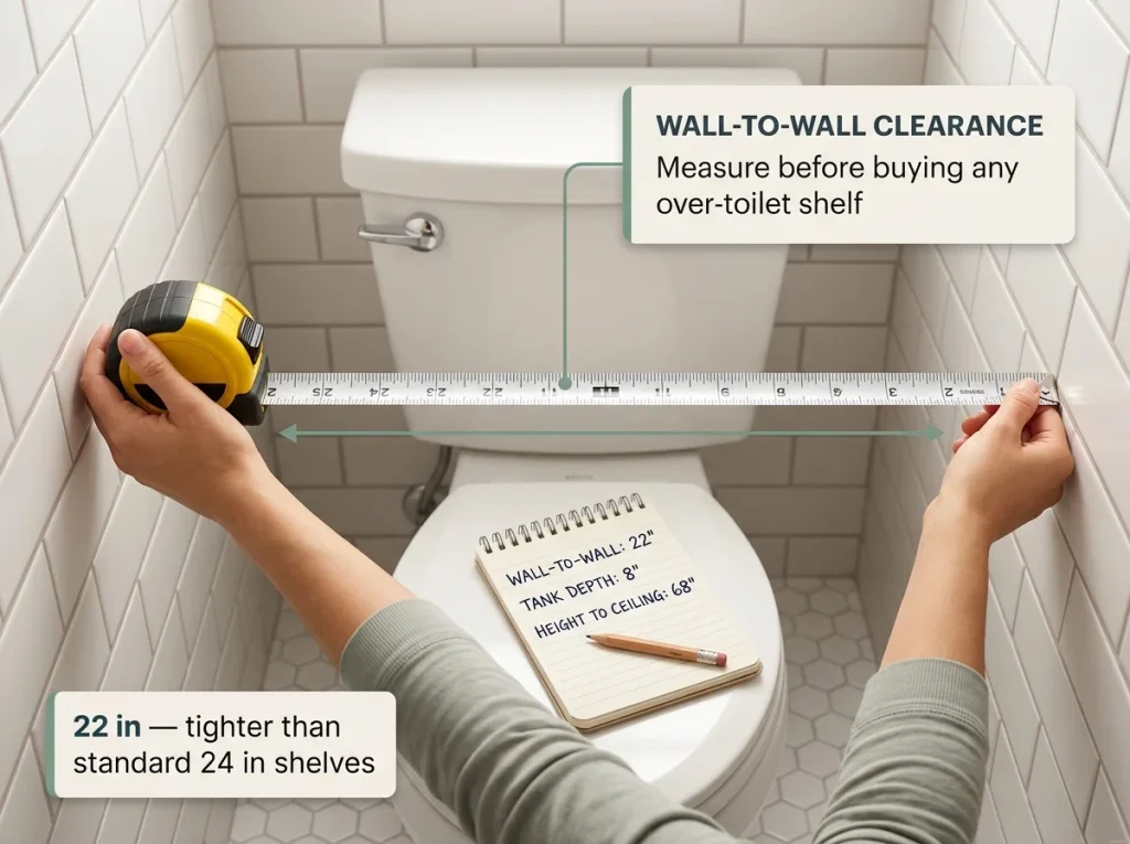 Editorial close-up showing hands measuring over-toilet wall clearance with tape measure reading 22 inches, notepad with handwritten measurements visible on tank lid