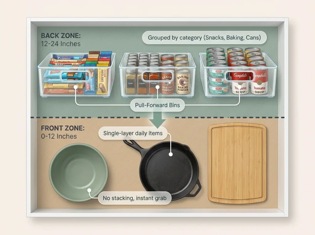 Infographic showing an overhead view of a zoned deep kitchen cabinet with daily pots in front and pull-forward bins in back
