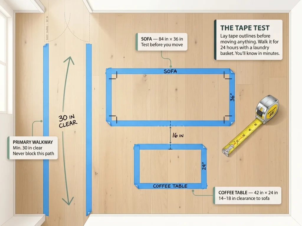 Infographic showing overhead view of empty living room floor with painter's tape furniture outlines, 30-inch walkway markers, and tape measure