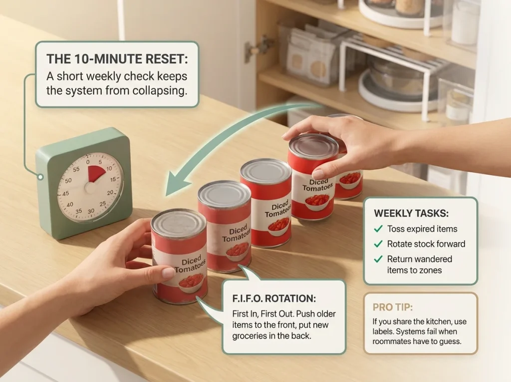Infographic showing a 10-minute weekly pantry reset routine with stock rotation and a timer
