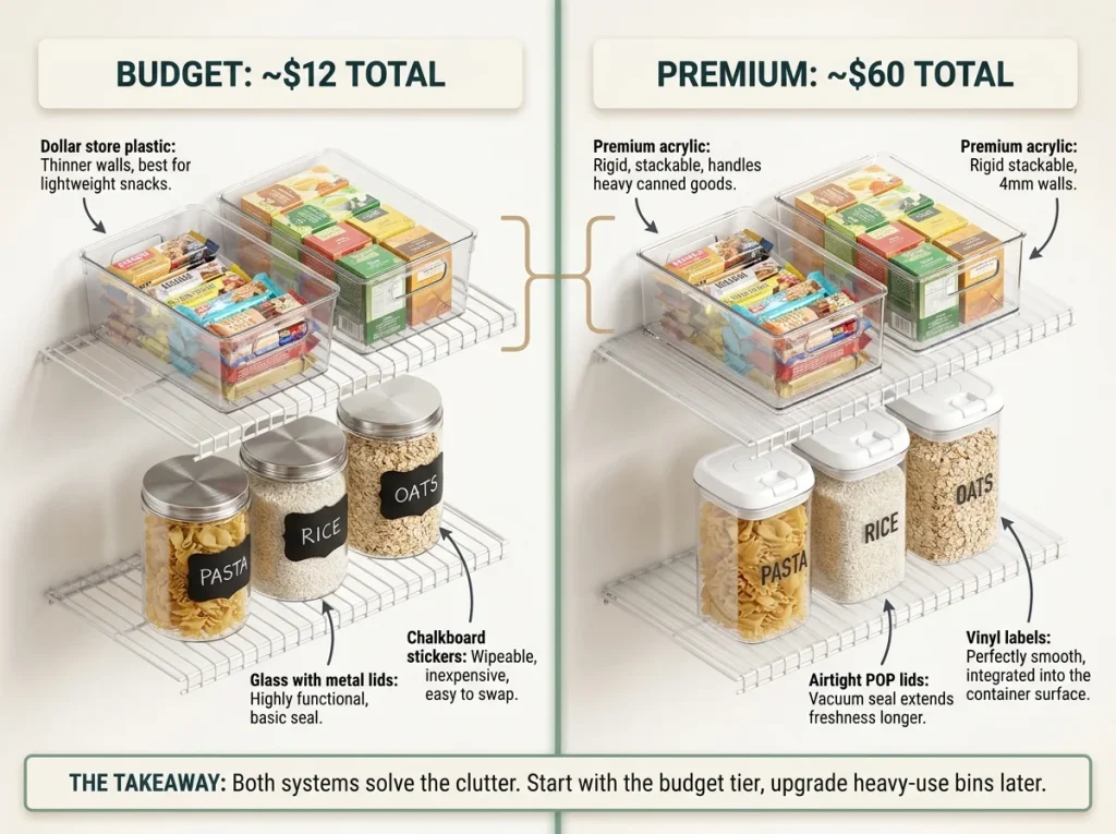 Infographic comparing a highly functional $12 budget pantry shelf setup against a $60 premium container setup
