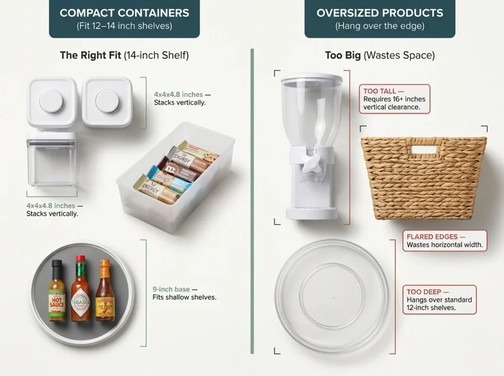 Infographic showing an overhead comparison of compact pantry containers versus oversized products with dimension labels