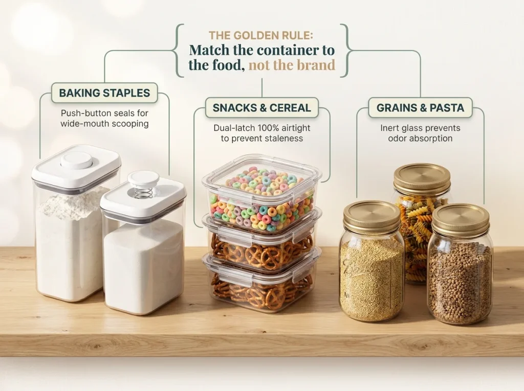Infographic showing an organized pantry shelf with OXO, Rubbermaid, and mason jars labeled for different food types