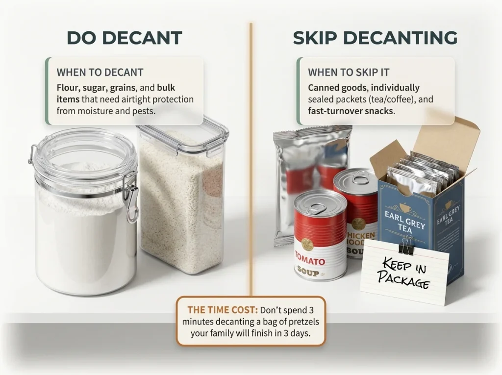 Infographic comparing decanted airtight containers with items correctly left in their original packaging