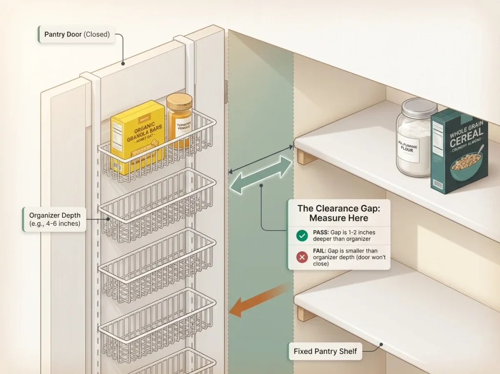 Infographic showing a side-view cross-section of a pantry door and shelving with clearance gap dimension lines and thresholds