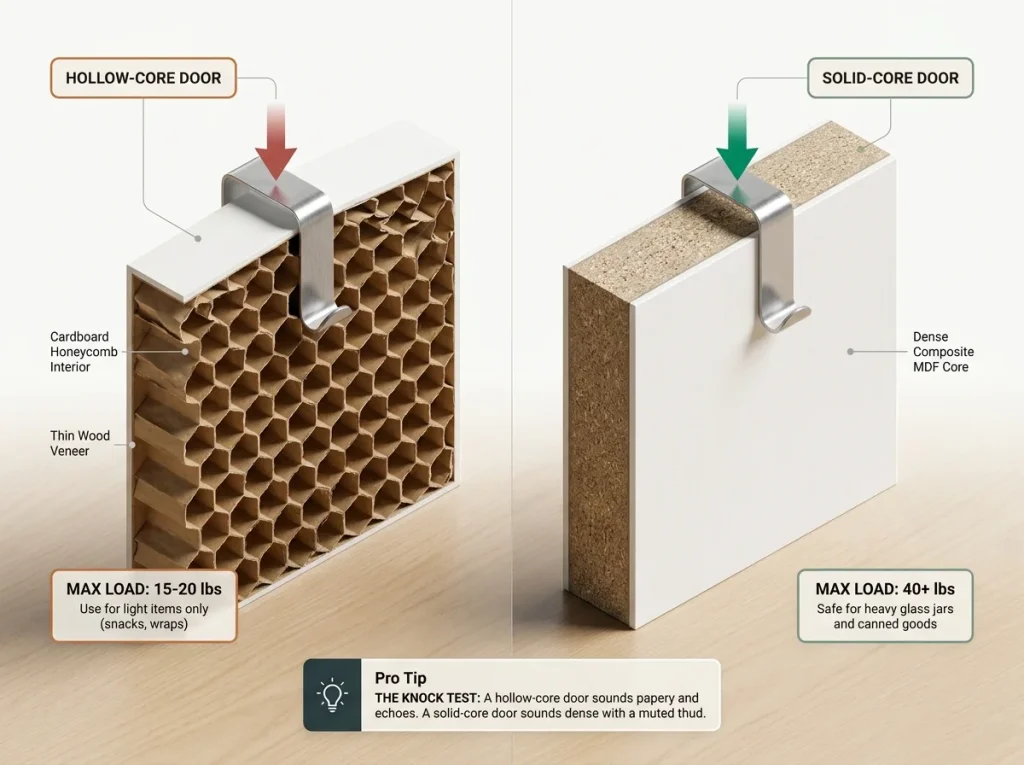 Infographic comparing hollow-core and solid-core pantry door cross-sections with material labels and weight capacities