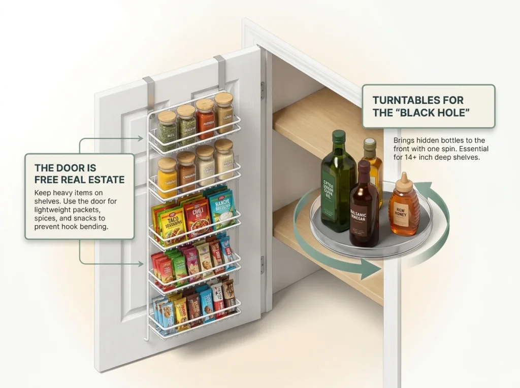 Pantry Organization That Works After the First Week 10 Infographic showing a pantry door organizer for spices and a turntable for oils to maximize storage space