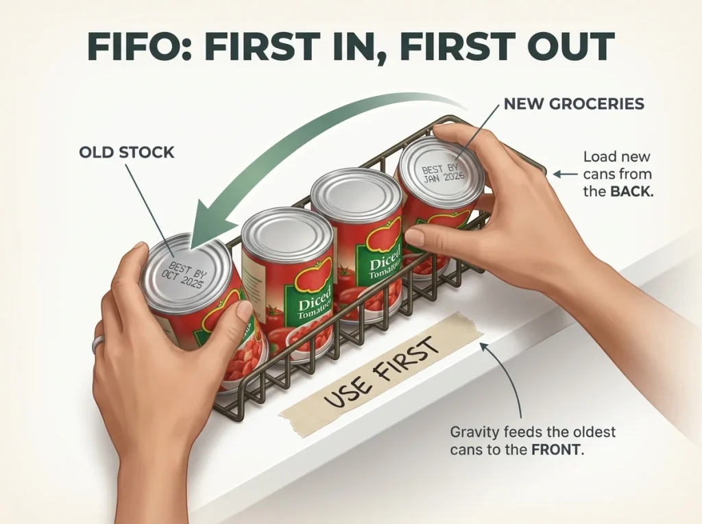 Infographic showing hands loading new cans behind older cans on a tiered rack to enforce FIFO rotation
