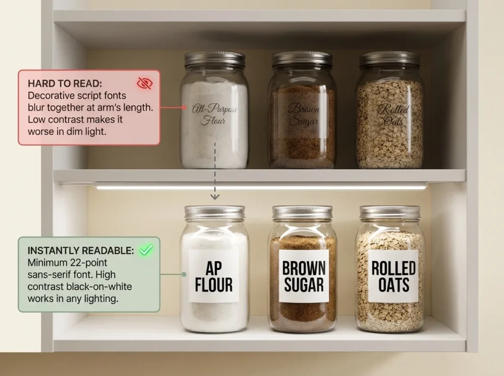 Infographic comparing hard-to-read script labels on upper shelf with highly legible 22pt sans-serif labels on lower shelf