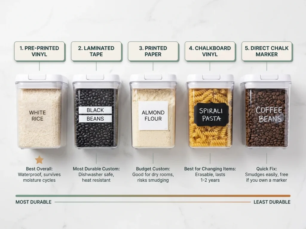 Infographic showing top-down flat lay of 5 pantry labeling methods ranked by durability on clear acrylic containers
