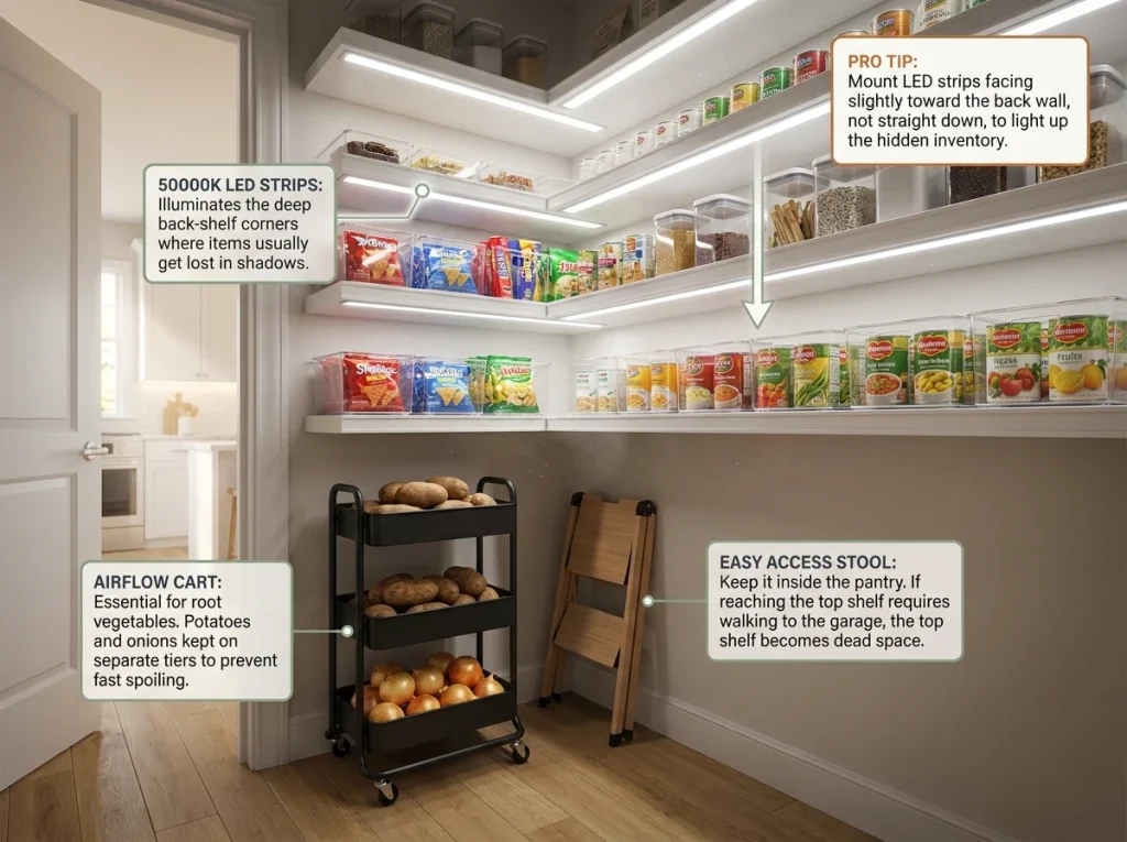 Infographic showing walk-in pantry floor storage cart, step stool, and under-shelf LED lighting benefits