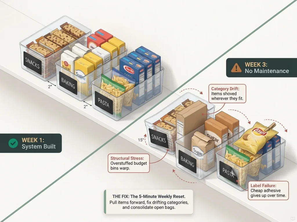 Infographic showing a budget pantry shelf at week one versus week three without maintenance, highlighting item drift