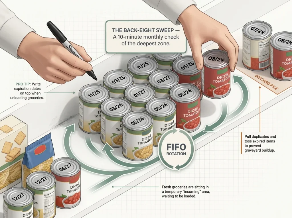 Infographic showing the monthly back-eight sweep routine with sorting of expired pantry cans and FIFO rotation arrows