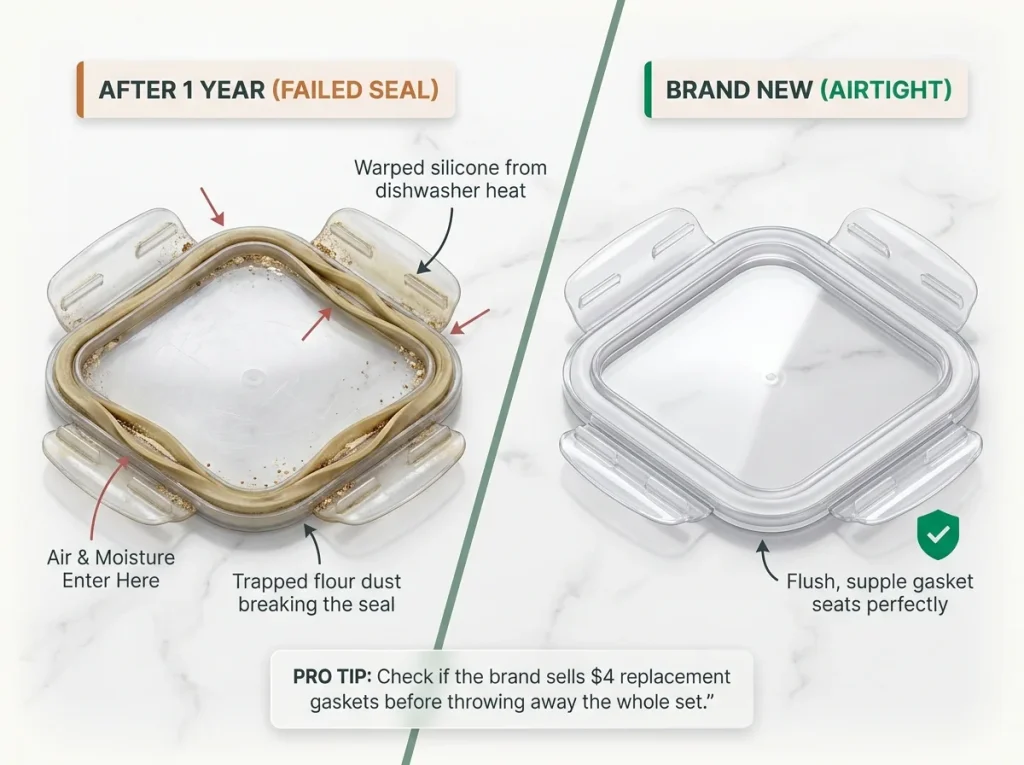 Infographic comparing a degraded yellowed container lid gasket with a new airtight silicone seal