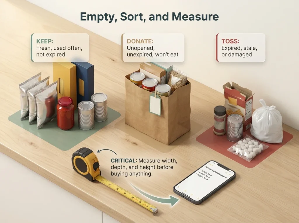 Infographic showing pantry declutter process with keep, toss, and donate piles alongside tape measure and shelf dimensions