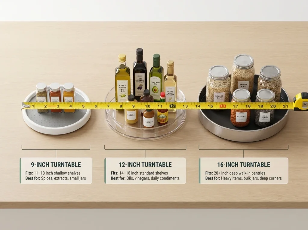 Infographic guide showing 9-inch, 12-inch, and 16-inch turntables with a measuring tape to match shelf depths.