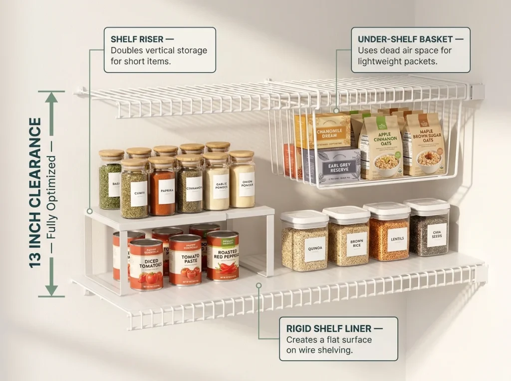 Infographic showing a small pantry shelf using vertical space with risers, under-shelf baskets, and clearance dimensions