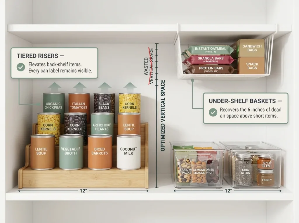 Infographic showing vertical space optimization with tiered shelf risers for cans and hanging under-shelf baskets