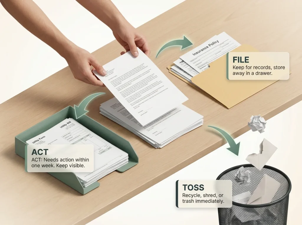 Infographic showing the 15-minute desk paper edit with labeled act, file, and toss sorting piles