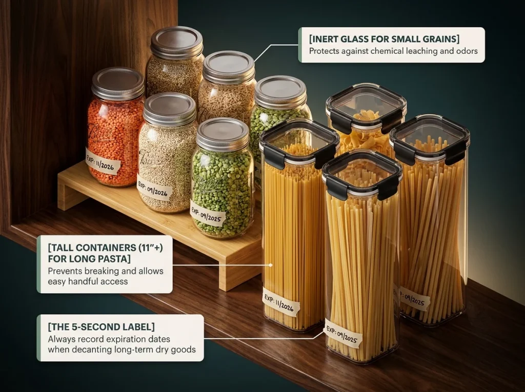 Infographic demonstrating pasta and grain storage using glass mason jars and tall plastic containers