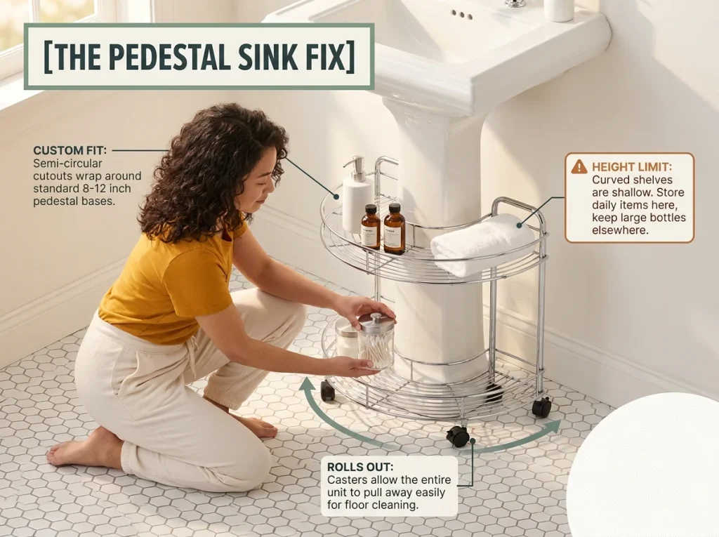 Infographic showing a woman using a wrap-around pedestal sink organizer for under-sink bathroom storage