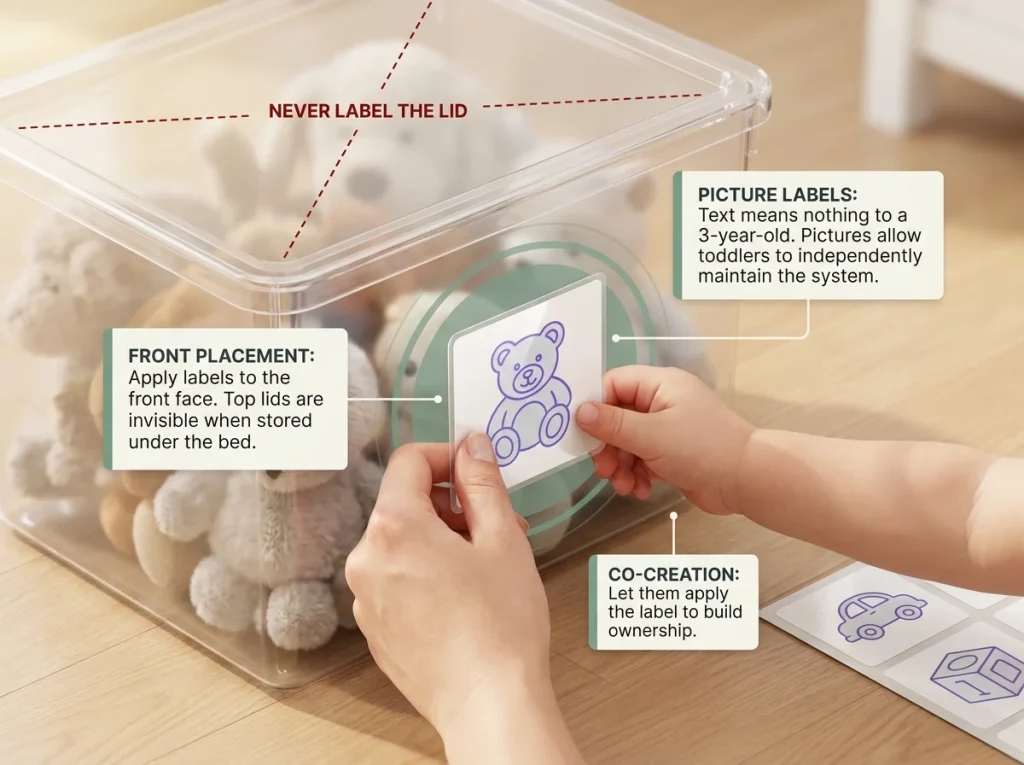 Infographic demonstrating picture label application on the front face of a storage bin for pre-reading children