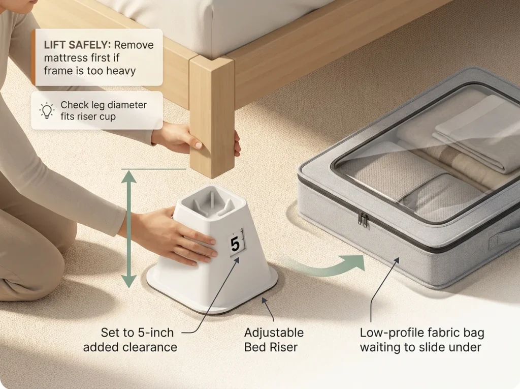 Infographic showing a woman installing an adjustable bed riser under a platform bed leg to increase storage clearance