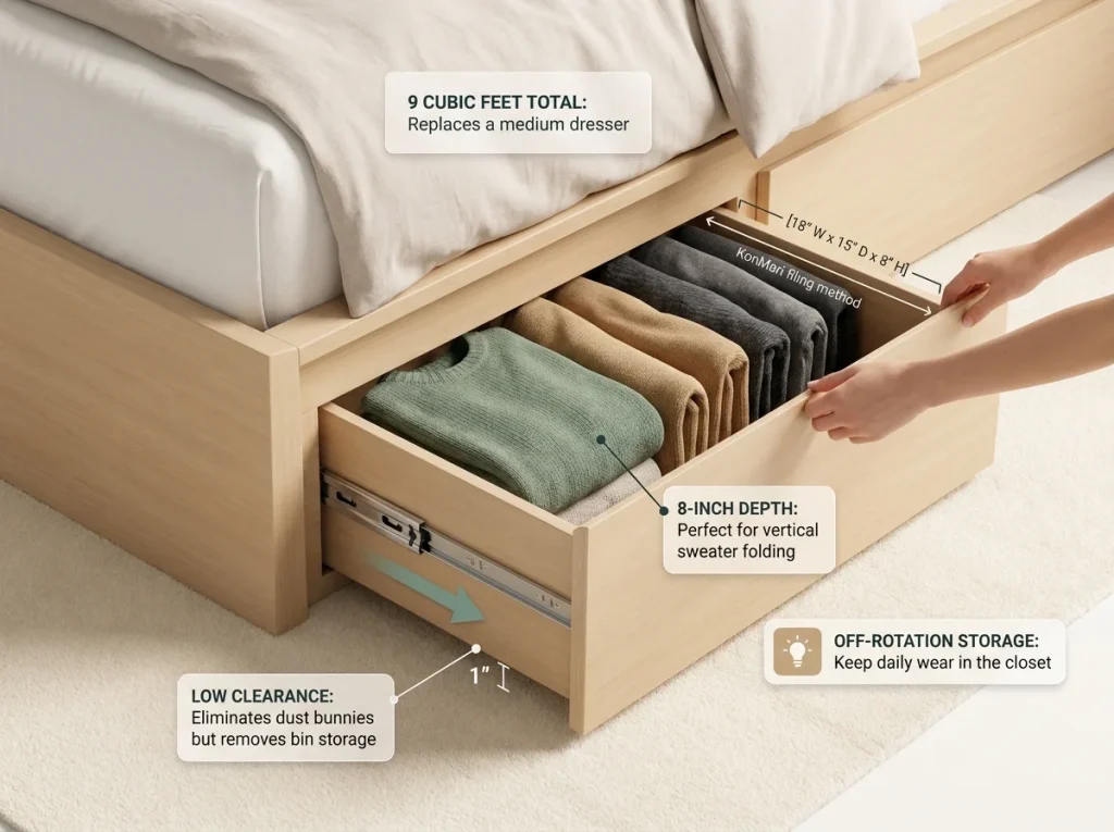 Infographic showing the open side drawer of a platform bed containing neatly folded sweaters and dimensional clearances