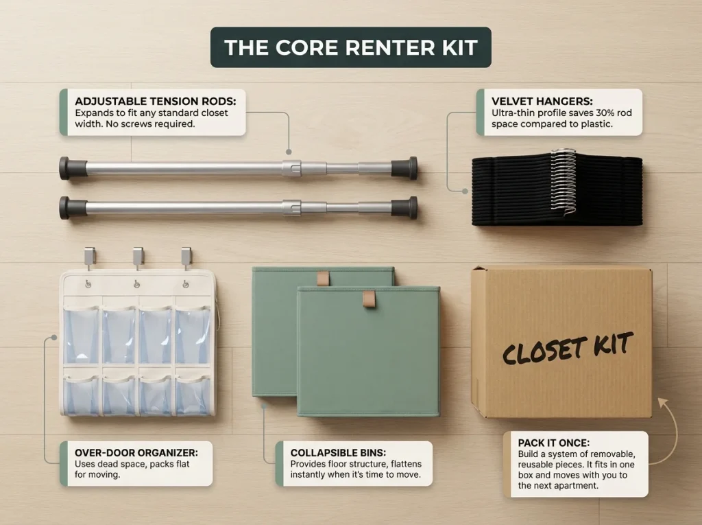 Flat-lay infographic showing a portable renter closet kit with tension rods, velvet hangers, and collapsible bins