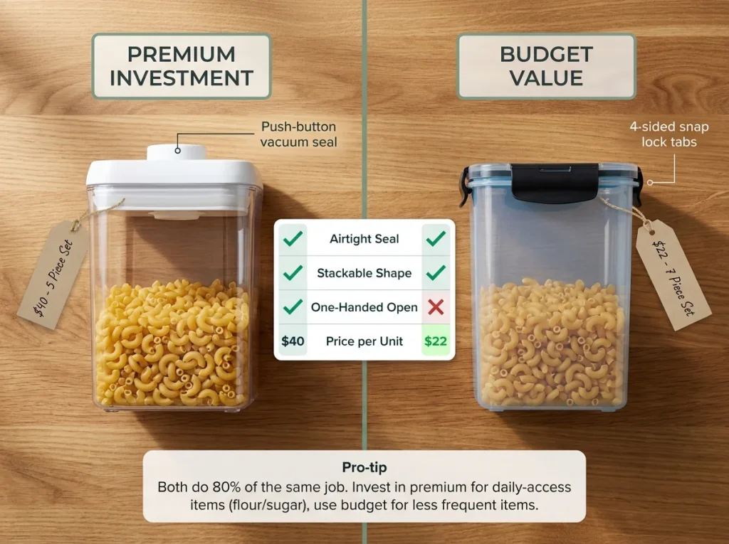 Pantry Organization That Works After the First Week 7 Infographic showing an overhead comparison of premium and budget airtight pantry containers with price tags and features