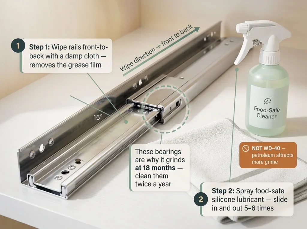 Chrome slide rail maintenance close-up showing folded cloth and food-safe cleaner spray bottle for twice-yearly pull-out cleaning routine