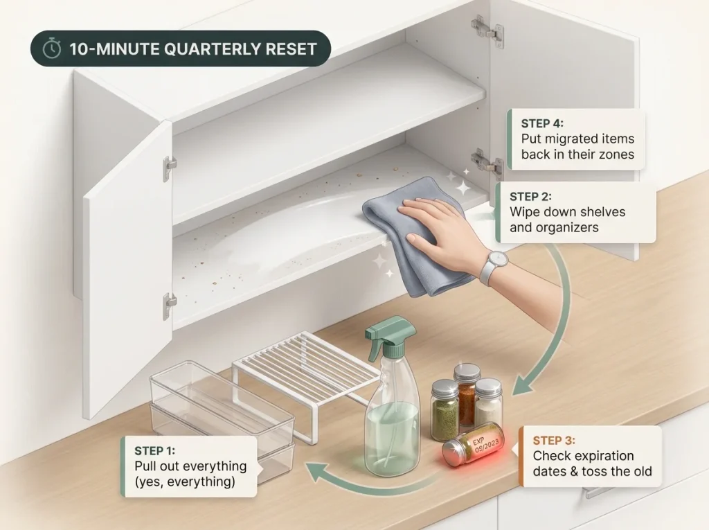 Infographic showing the 10-minute quarterly cabinet reset process with empty shelves, cleaning supplies, and sorted items