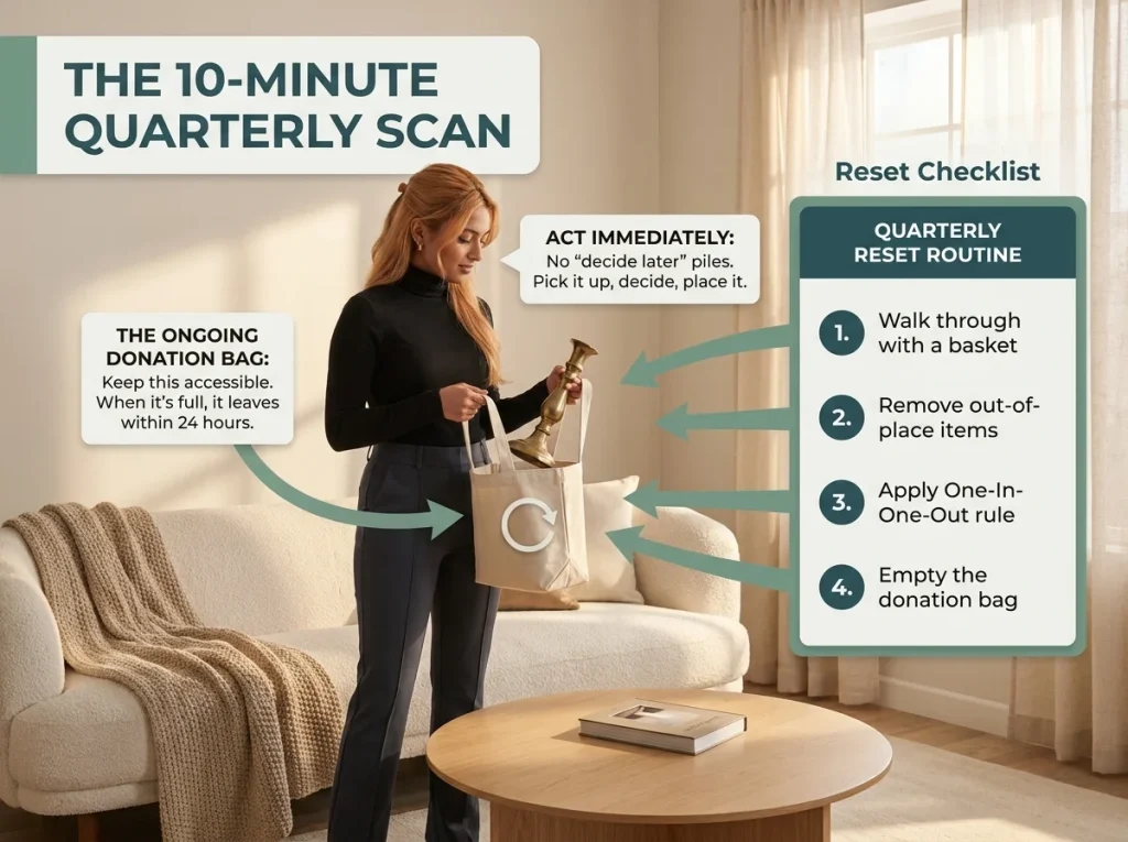 Infographic showing the 10-minute quarterly room scan routine with donation tote and reset tasks