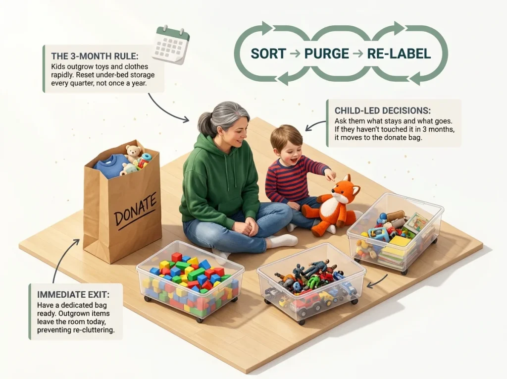 Infographic illustrating the 3-month quarterly reset process with sorted bins, donate bag, and child participation