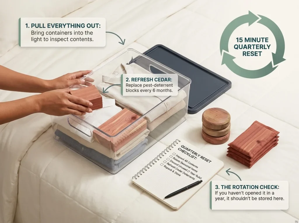 Infographic showing the 15-minute quarterly reset routine for under-bed storage with notebook and cedar blocks
