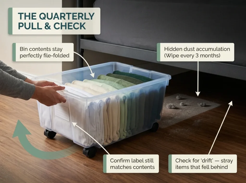 Infographic showing the quarterly under-bed reset routine with a half-pulled bin and visible floor dust