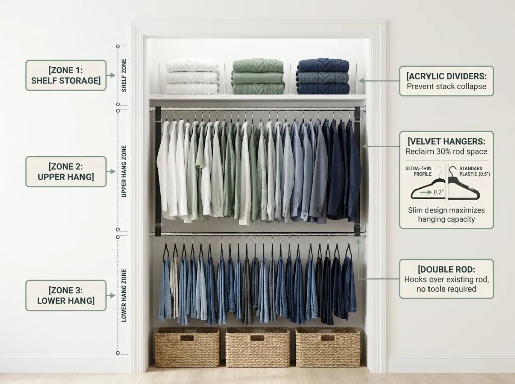 Infographic showing apartment reach-in closet organized with velvet hangers, double tension rod, and acrylic shelf dividers