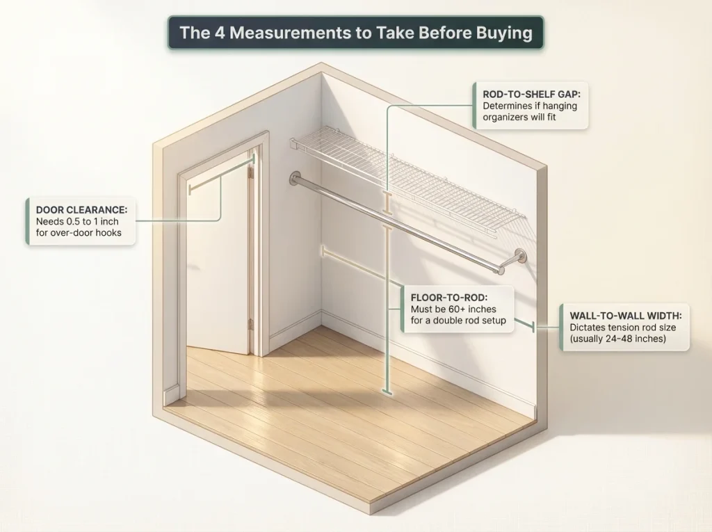 Infographic showing a reach-in closet layout with labeled measurements for rod height, shelf depth, and door clearance