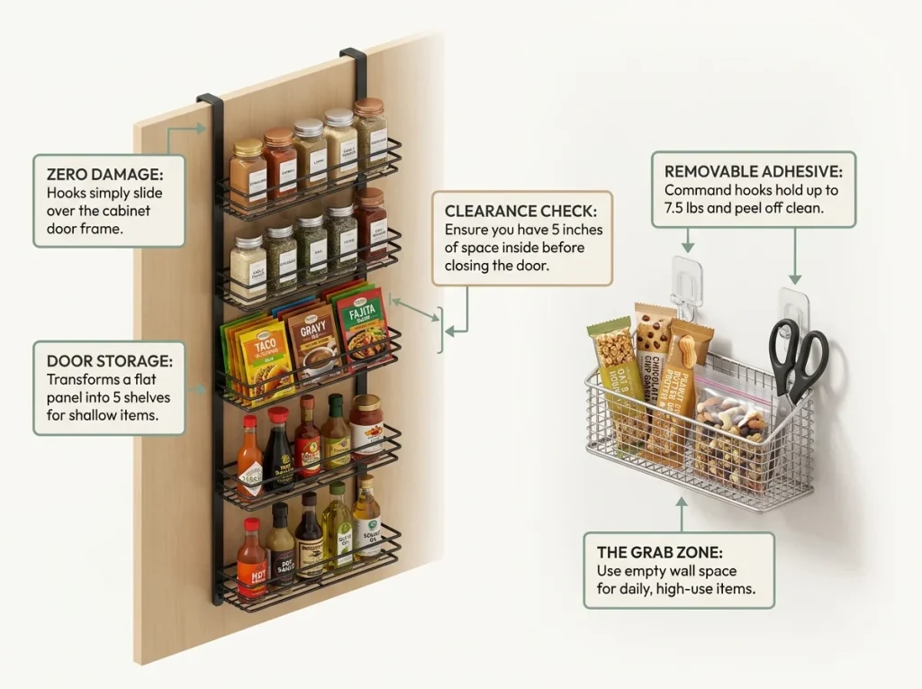 Infographic showing no-drill organization solutions including an over-the-door wire rack and Command hook wall baskets