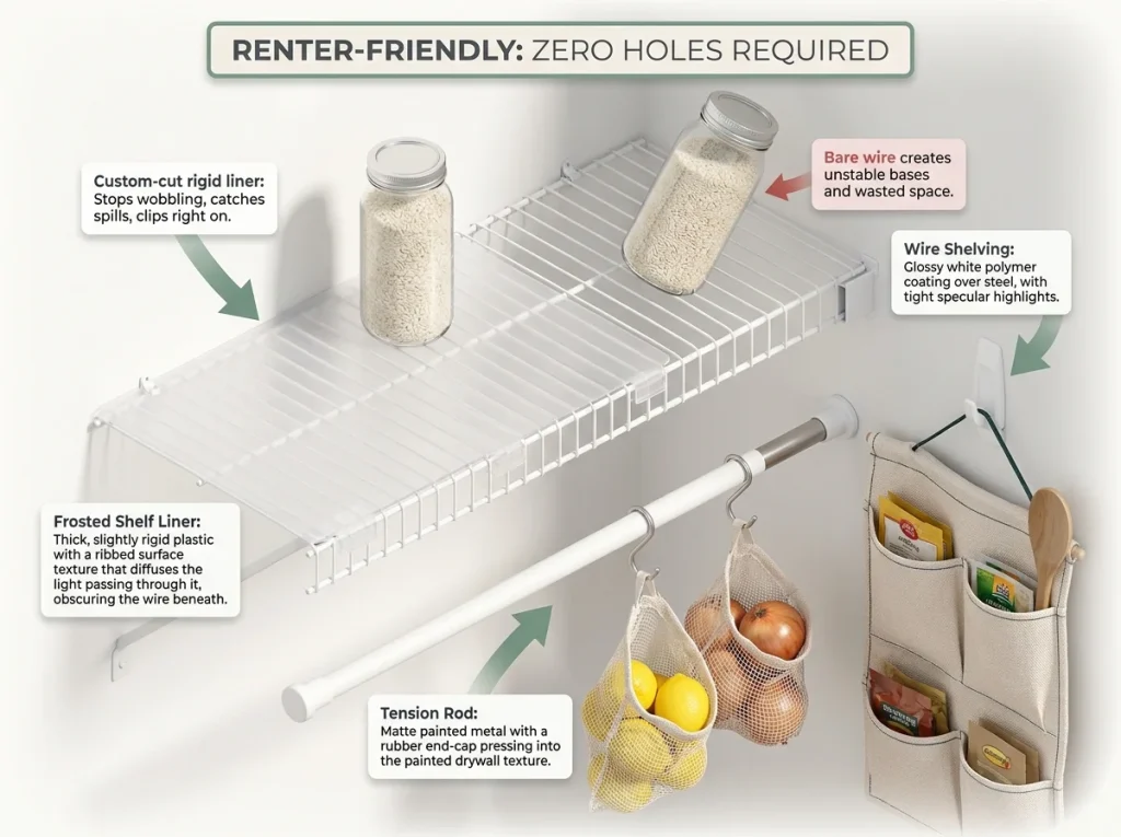 Pantry Organization That Works After the First Week 13 Infographic showing renter-friendly wire shelf upgrades including liners, adhesive hooks, and tension rods