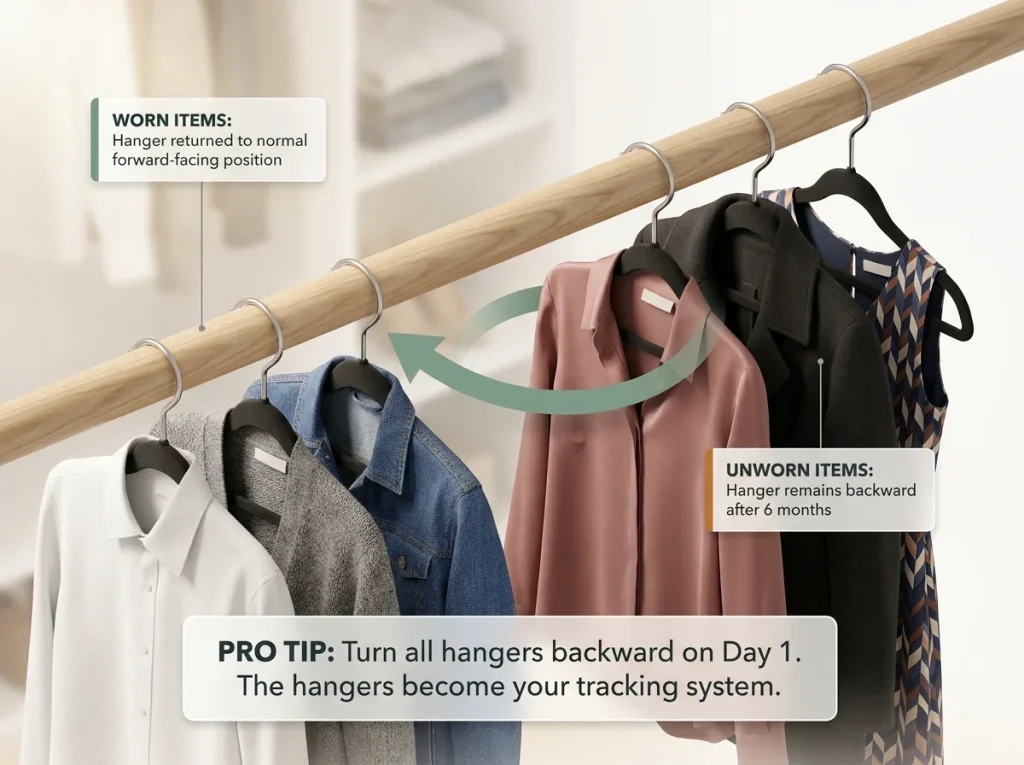 8 Decluttering Methods That Work Past the First Week 10 Infographic showing the reverse hanger trick in a closet to identify unworn clothes for donation