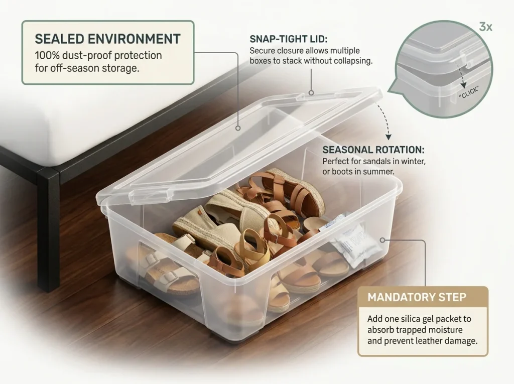 Infographic detailing a rigid plastic under-bed storage box for seasonal shoes, showing silica gel placement and sealed lid mechanism