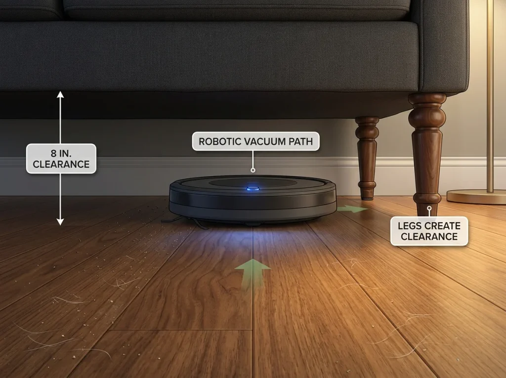 Detail photo of 8-inch gap behind floating sofa with robotic vacuum cleaning underneath, visible sofa legs, pet hair on floor outside robot path