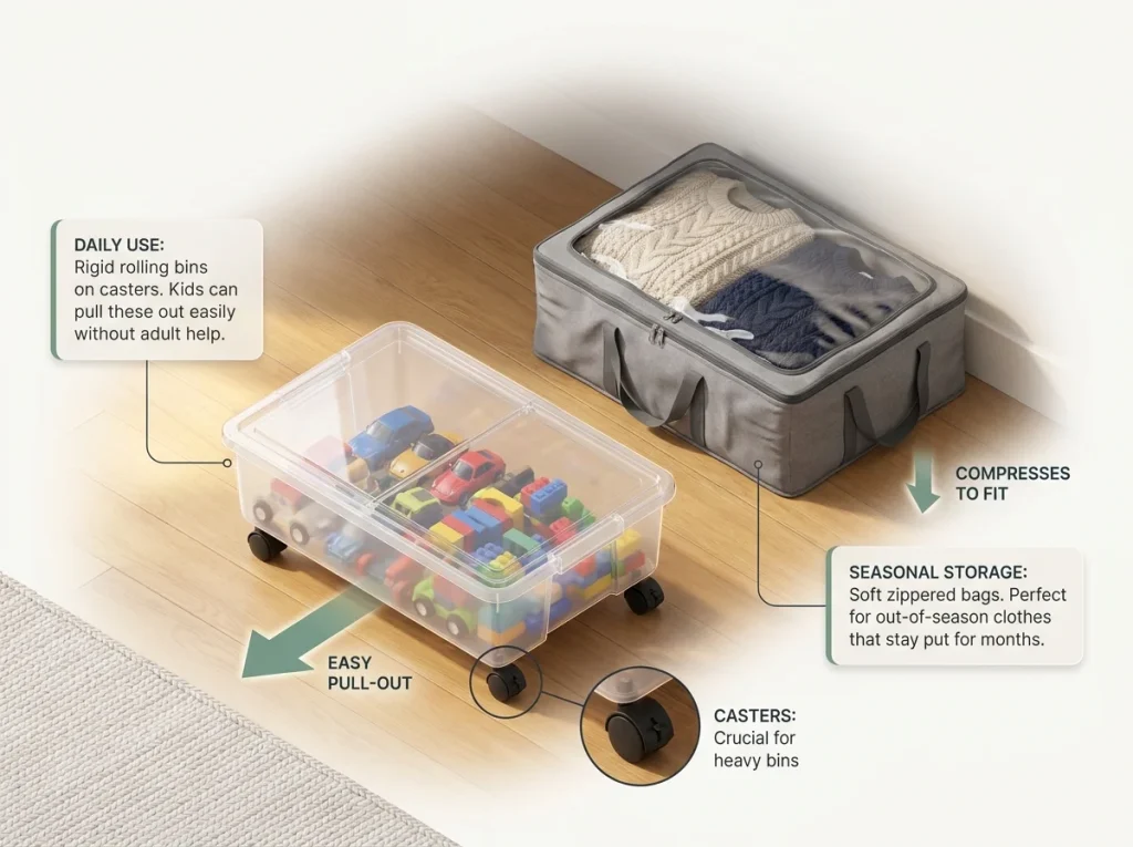 Infographic comparing rigid rolling bin for daily toys versus soft zippered bag for seasonal clothing under a bed