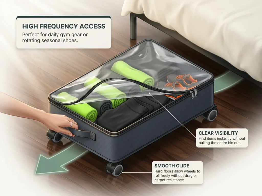 Infographic showing rolling under-bed storage pulled out on hardwood floor with workout clothes and access frequency labels.