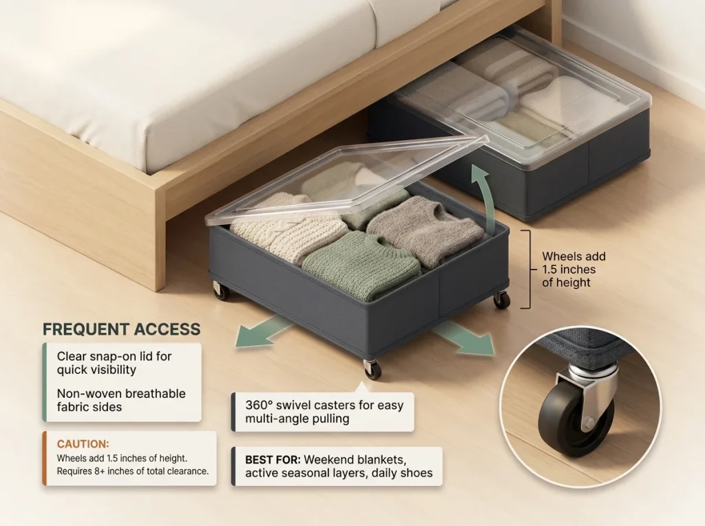 Infographic showing rolling under-bed containers with labeled wheel clearance, clear lids, and frequent access items