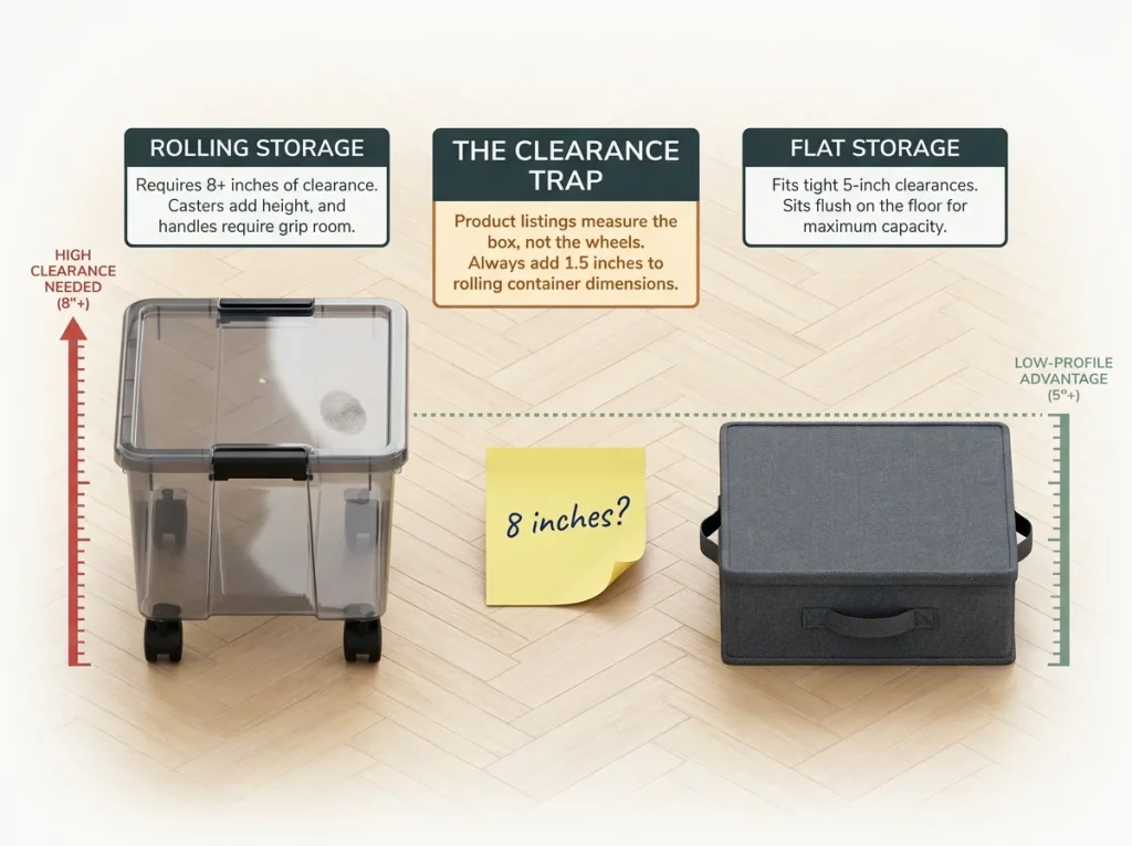 Infographic comparing rolling and flat under-bed storage heights with clearance requirement labels and floor suitability.