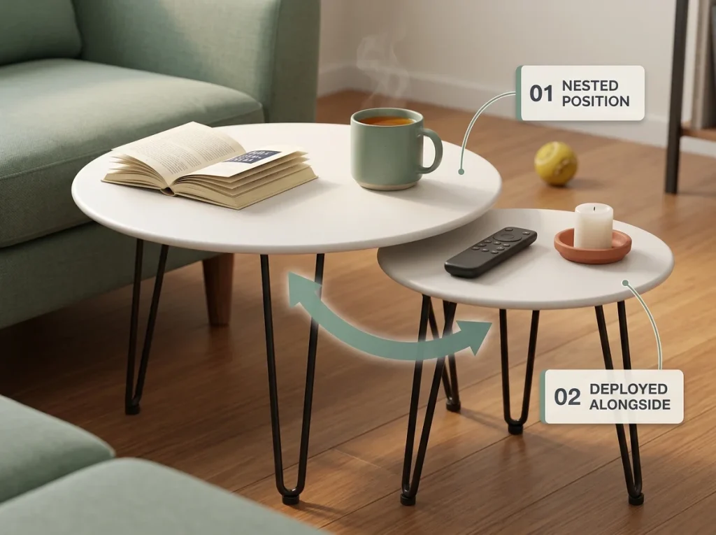 Detail shot of round nesting coffee tables in use with book, mug, deployed side table holding remote and candle, dog toy in background