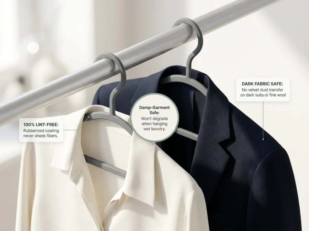 5 Slim Hangers Tested — One Freed 11 Inches of Rod 8 Infographic highlighting rubberized slim hangers protecting a cream silk blouse from fuzz transfer