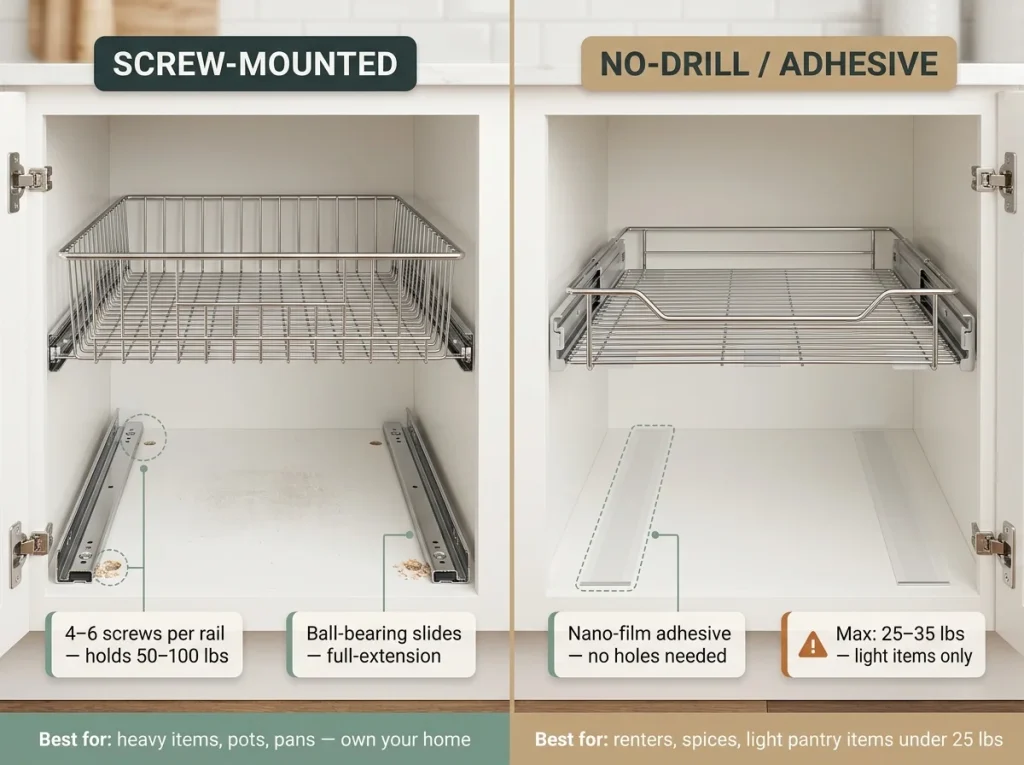 Pull-out organizer comparison showing screw-mounted rails vs adhesive installation with weight limits and ideal use cases labeled